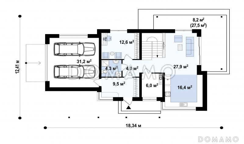 Проект современного загородного дома с гаражом на 2 автомобиля, террасой, большой кухней, кабинетом / План 1 этажа