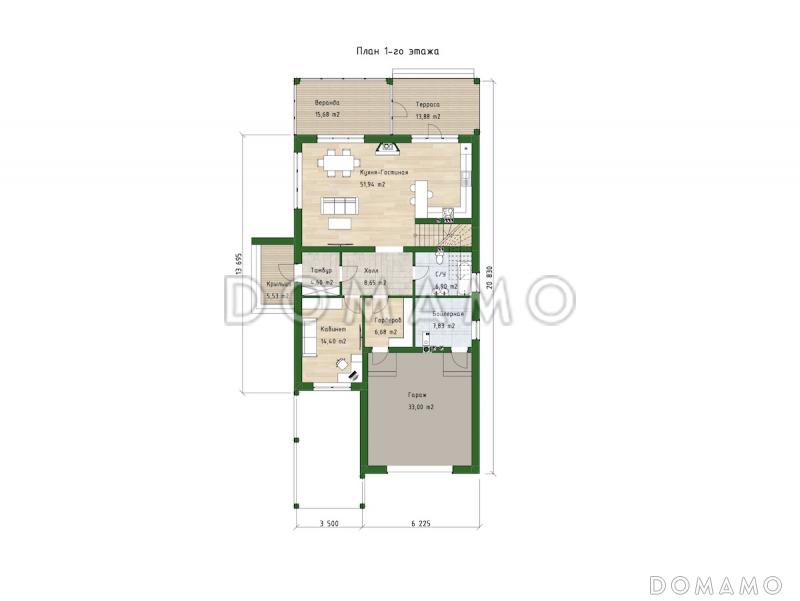Проект двухэтажного дома из газобетона со встроенным гаражом, верандой и спортзалом / План 1 этажа