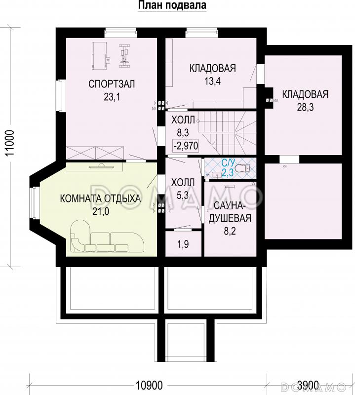 Проект двухэтажного газобетонного дома c подвалом и пристроенным гаражом / План цокольного этажа