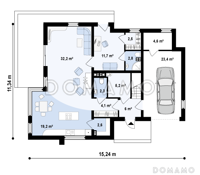Проект просторного современного двухэтажного дома из газобетона, с пятью комнатами, гаражом и двумя лоджиями / План 1 этажа