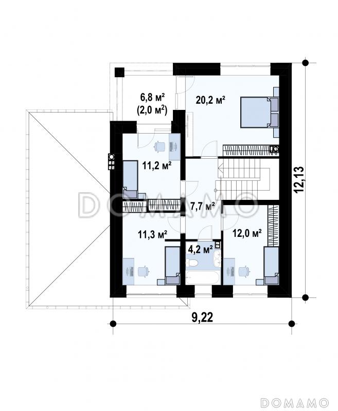 Проект двухэтажного дома с гаражом, кухней с выходом на террасу, кабинетом / План 2 этажа