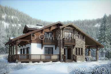 Проект каркасного горного шале с балюстрадой и навесом