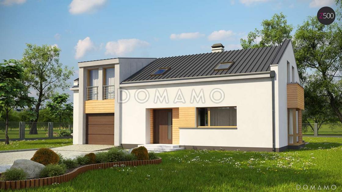 Проект современного мансардного дома из газобетона с четырьмя комнатами, эркером и одноместным гаражом / 1