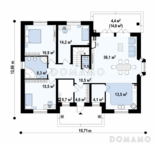 Проект загородного дома с кладовой в кухне, эркером, террасой, балконом / План 1 этажа