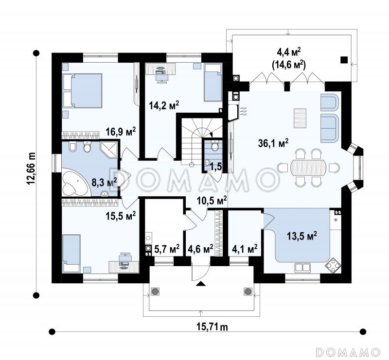 Проект загородного дома с кладовой в кухне, эркером, террасой, балконом / План 1 этажа