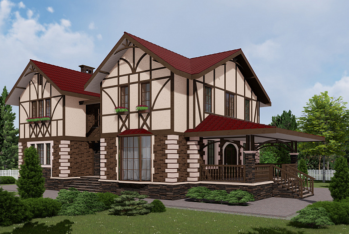 Проект двухэтажного дома в стиле фахверк с подвалом и лаундж-зоной