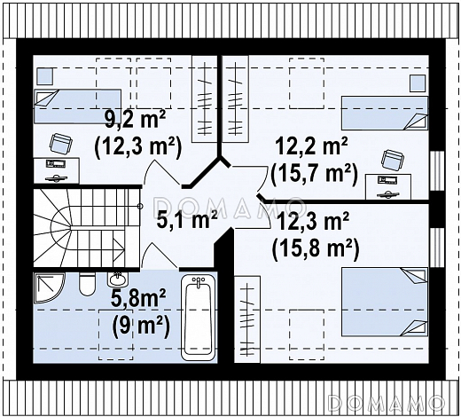 Проект одноэтажного мансардного дома из газобетона с навесом для автомобиля / План мансардного этажа