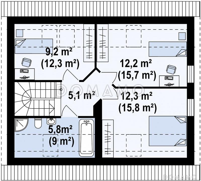 Проект одноэтажного мансардного дома из газобетона с навесом для автомобиля / План мансардного этажа