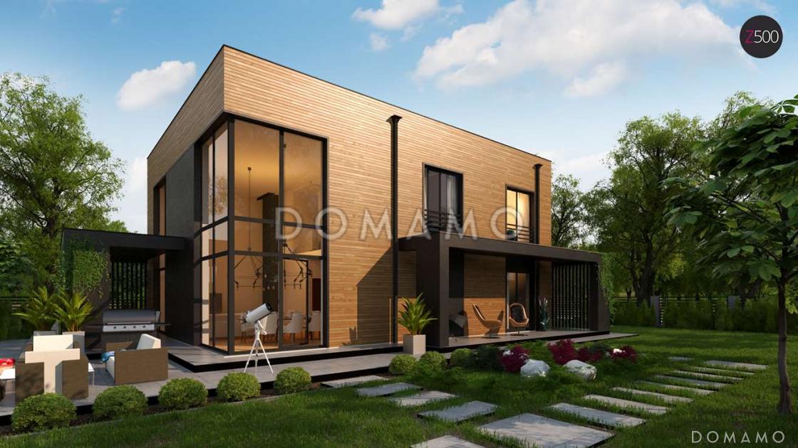 Проект современного двухэтажного дома из газобетона с плоской крышей, четырьмя комнатами, вторым светом и гаражом / 1