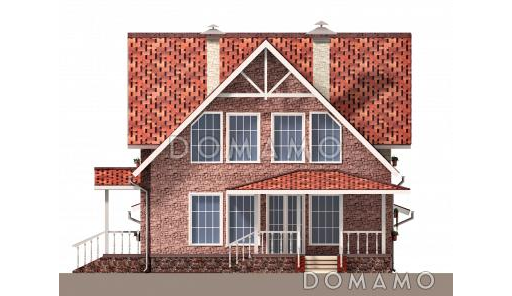Проект загородного дома под красной кровлей с вторым светом, террасой и гаражом / Фасад 3