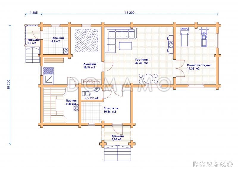 Проект бани c гостевой комнатой и котельной / План 1 этажа