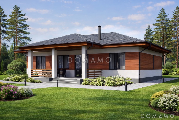 Проект одноэтажного дома из газобетона с мастер-спальней, 2 детскими, кабинетом и террасой