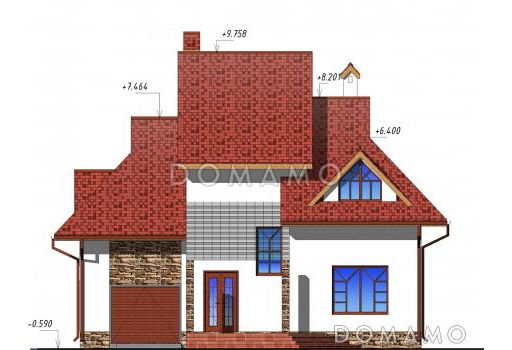 Проект одноэтажного дома с мансардным этажом и встроенным гаражом / Фасад 3