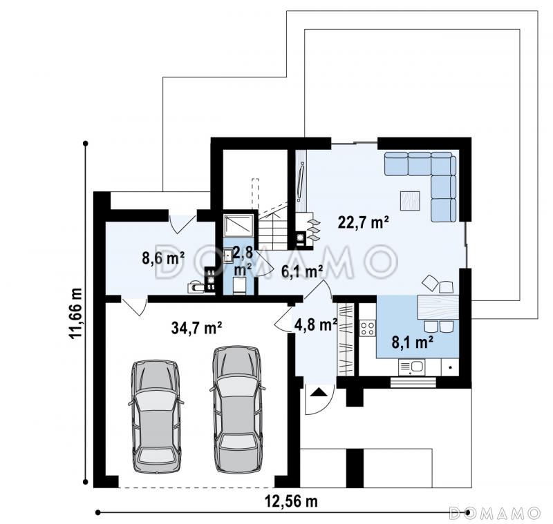Проект двухэтажного дома из кирпича с плоской крышей, со спальной зоной и террасой на втором этаже и гаражом / План 1 этажа