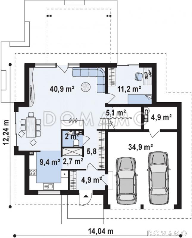 Проект классического одноэтажного мансардного дома из кирпича с дополнительными спальнями на первом этаже и мансардном, с тремя балконами и гаражом на два автомобиля / План 1 этажа