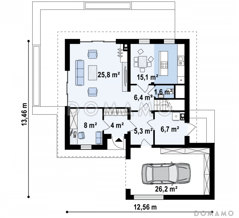 Проект одноэтажного мансардного дома из газобетона с кабинетом, изолированной кухней и гаражом / План 1 этажа