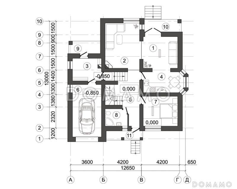 Проект загородного дома с террасой из кухни-гостиной / План 1 этажа