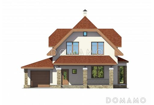 Проект дома из пеноблоков с мансардой, гаражом с подъемными воротами / Фасад 1