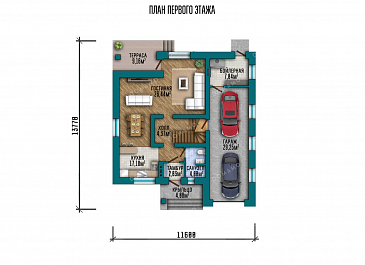 Проект одноэтажного дома с мансардой и гаражом на два автомобиля / План 1 этажа Проект одноэтажного дома с мансардой и гаражом на два автомобиля / План 1 этажа