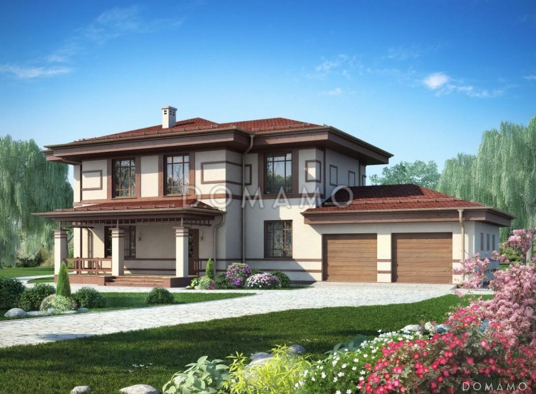 Проект двухэтажного дома из пеноблоков с гаражом для двух автомобилей / 1