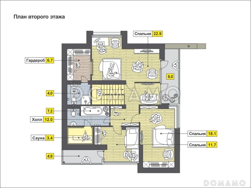 Проект дома с односкатной крышей, панорамными окнами, кухней с выступом для рабочей зоны, просторной гостиной, двумя балконами / План мансардного этажа