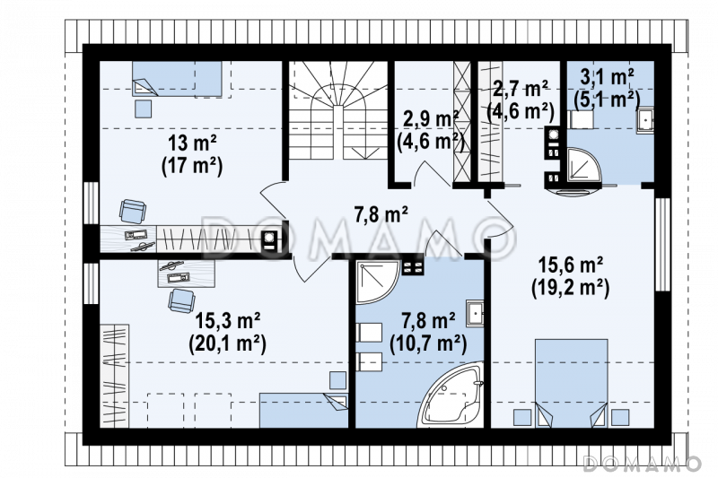 Проект одноэтажного мансардного дома из кирпича в современном стиле, со встроенным гаражом / План мансардного этажа