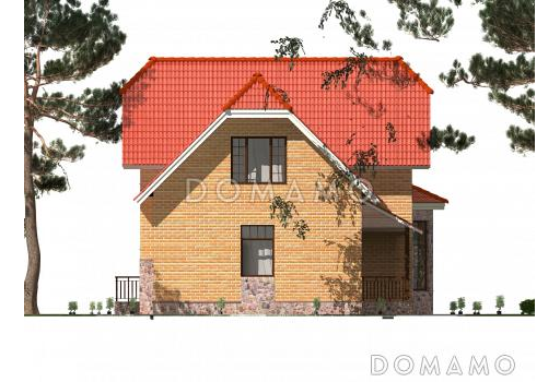 Проект полутораэтажного коттеджа с яркой облицовкой и открытой террасой из СИП панелей / Фасад 1