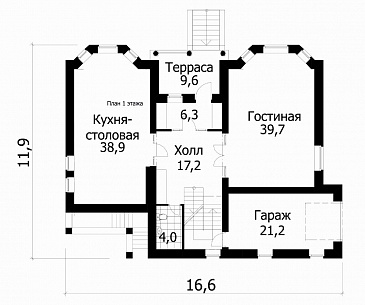 Проект коттеджа с девятью комнатами / План 1 этажа Проект коттеджа с девятью комнатами / План 1 этажа