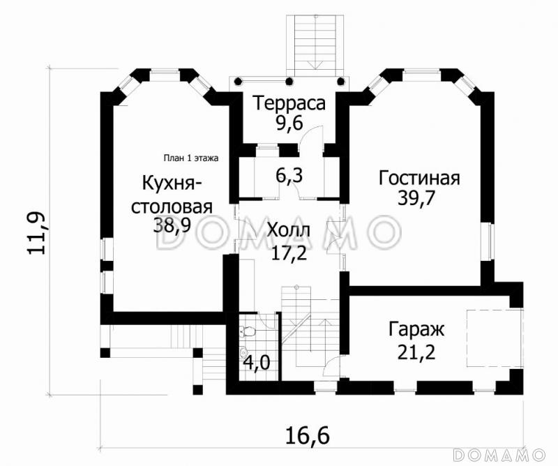 Проект коттеджа с девятью комнатами / План 1 этажа