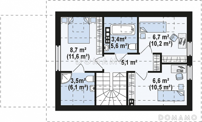 Проект компактного одноэтажного дома из кирпича с ночной зоной на мансардном этаже и с гаражом / План мансардного этажа