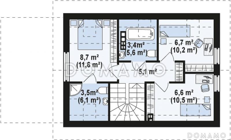Проект компактного одноэтажного дома из кирпича с ночной зоной на мансардном этаже и с гаражом / План мансардного этажа