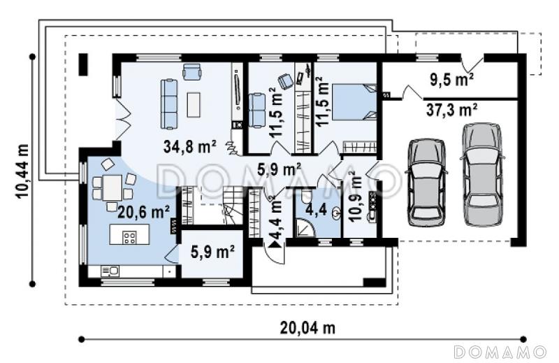 Проект просторного одноэтажного дома с мансардным этажом из кирпича со встроенным гаражом и большой террасой над ним / План 1 этажа
