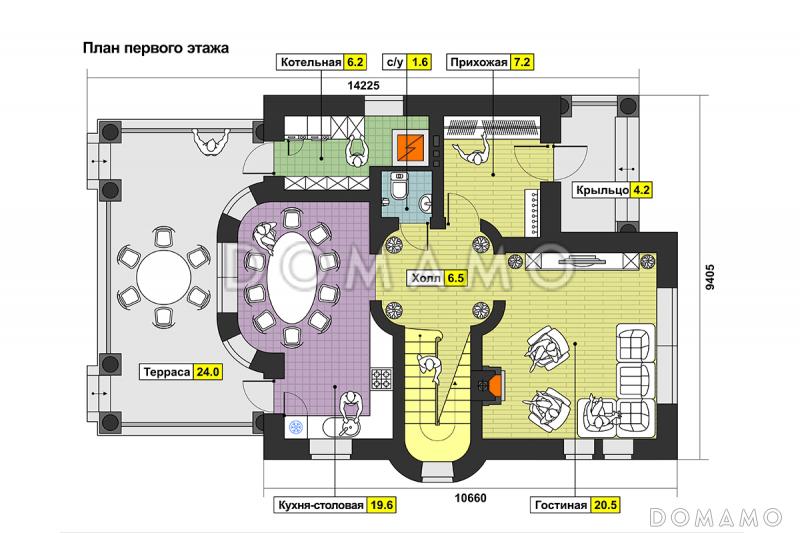 Проект дома с крытой террасой, колоннами, кухней-столовой с полукруглой стеной на террасу, эркером, спальнями и кабинетом на втором этаже / План 1 этажа