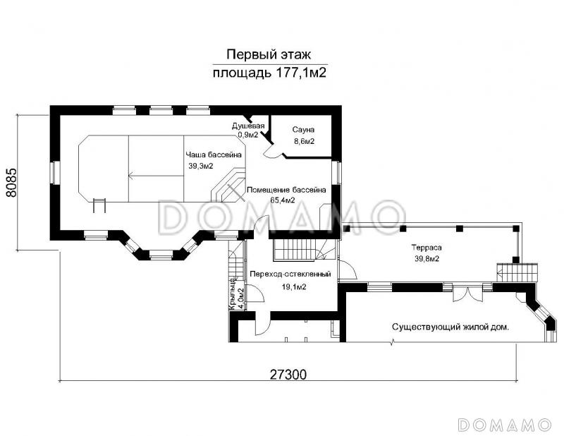 Проект пристроенного бассейна с эркером / План 1 этажа