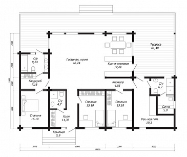 Проект дома из клееного бруса с сауной, хозяйской спальней, с отдельным гардеробом и санузлом / План 1 этажа Проект дома из клееного бруса с сауной, хозяйской спальней, с отдельным гардеробом и санузлом / План 1 этажа