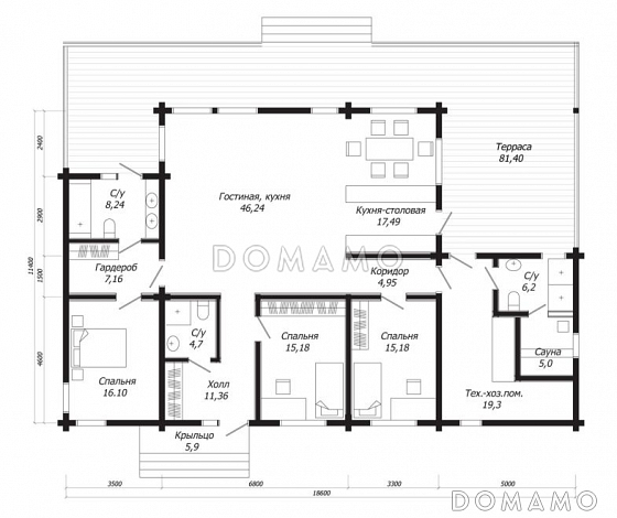 Проект дома из клееного бруса с сауной, хозяйской спальней, с отдельным гардеробом и санузлом / План 1 этажа Проект дома из клееного бруса с сауной, хозяйской спальней, с отдельным гардеробом и санузлом / План 1 этажа
