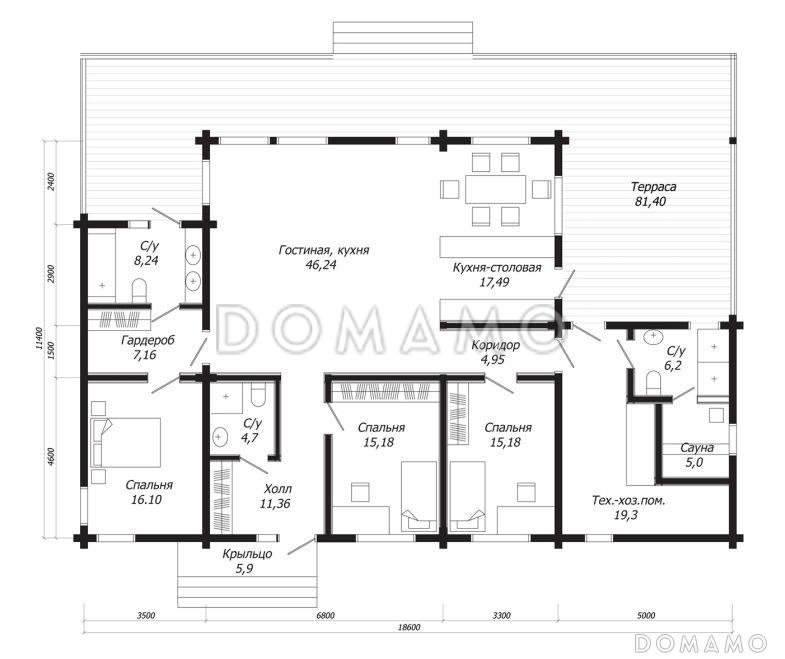 Проект дома из клееного бруса с сауной, хозяйской спальней, с отдельным гардеробом и санузлом / План 1 этажа
