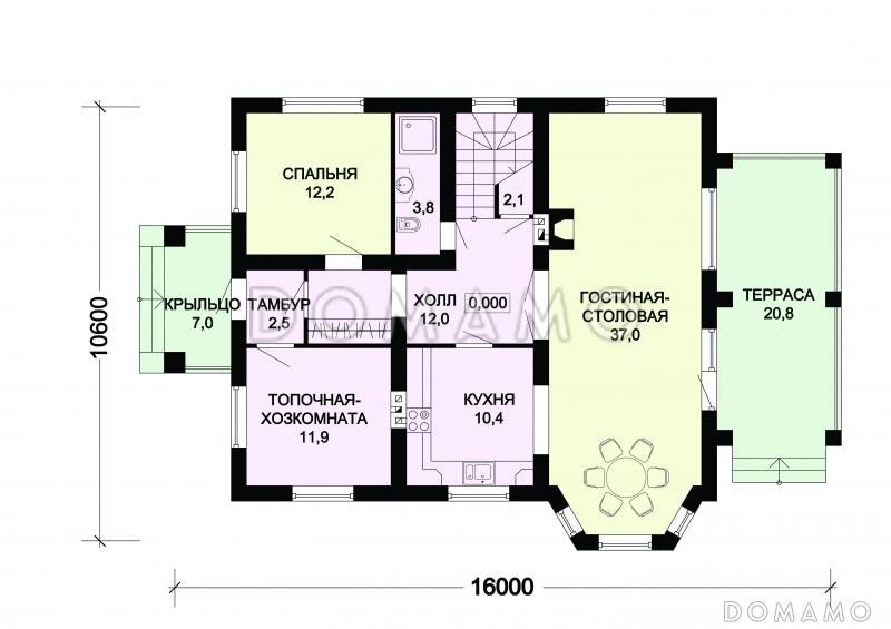 Проект дома из газобетона с прямоугольной гостиной / План 1 этажа