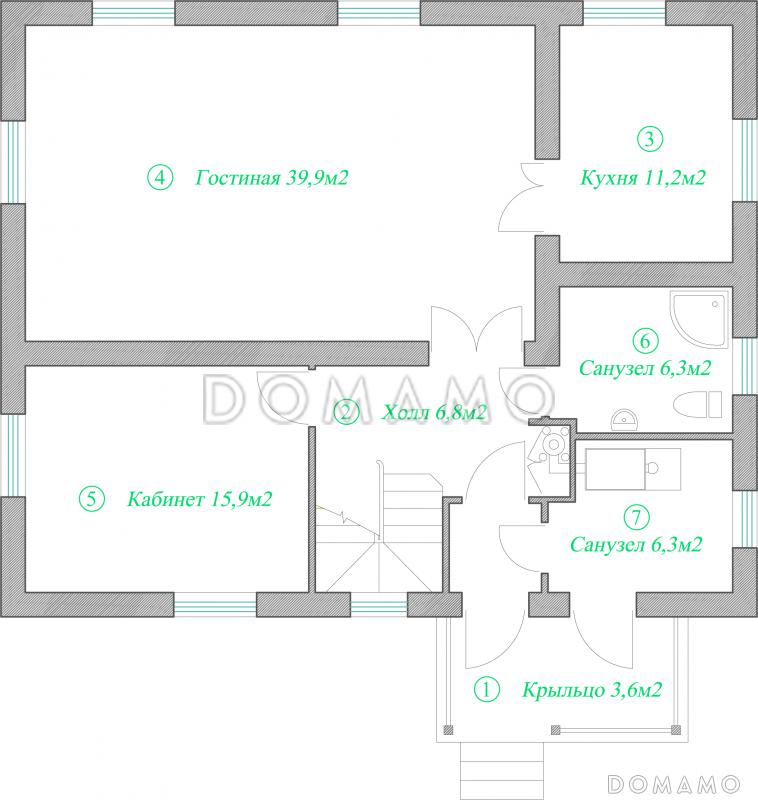 Проект увеличенного коттеджа в европейском стиле. / План 1 этажа