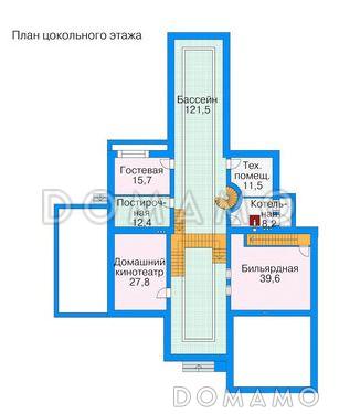 Проект комфортабельного дома с большим бассейном, бильярдной, домашним кинотеатром, тренажерным залом и зимним садом / План цокольного этажа