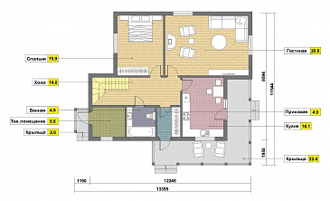 Проект двухэтажного дома из пеноблоков в стиле фахверк / План 1 этажа Проект двухэтажного дома из пеноблоков в стиле фахверк / План 1 этажа