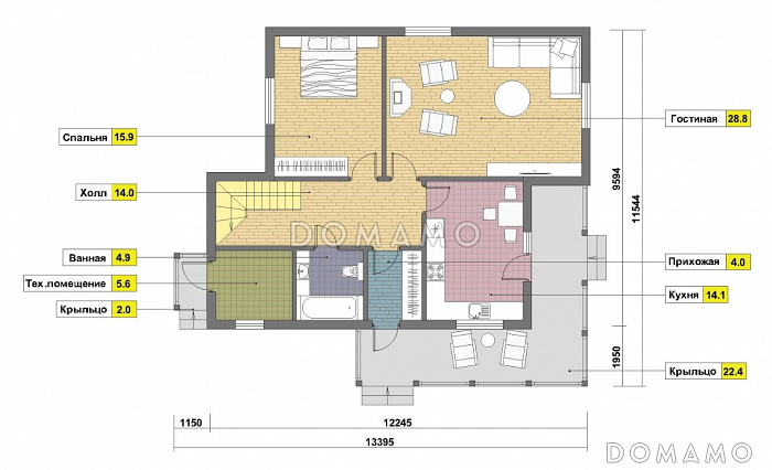 Проект двухэтажного дома из пеноблоков в стиле фахверк / План 1 этажа Проект двухэтажного дома из пеноблоков в стиле фахверк / План 1 этажа