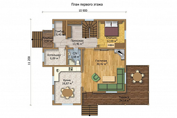 Проект большого деревянного дома, со всеми необходимыми комнатами / План 1 этажа Проект большого деревянного дома, со всеми необходимыми комнатами / План 1 этажа