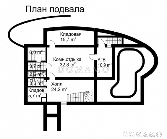 Проект современного дома из кирпича с панорамным остеклением / План цокольного этажа Проект современного дома из кирпича с панорамным остеклением / План цокольного этажа