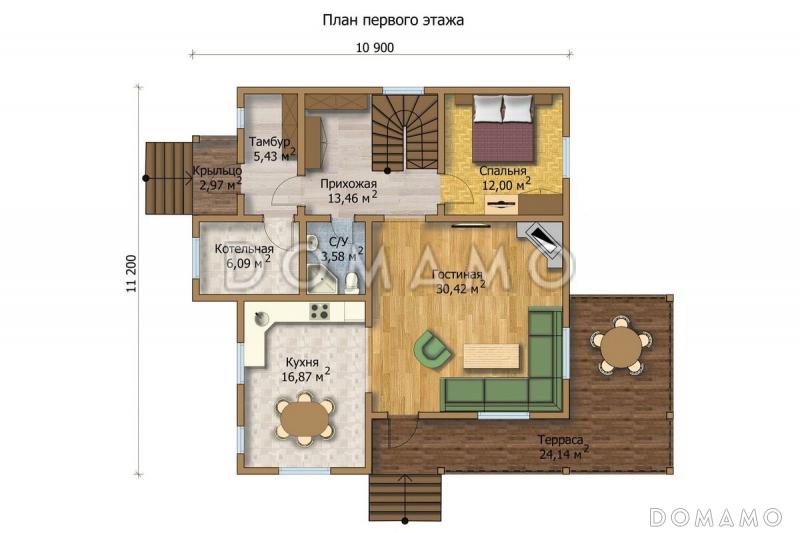 Проект большого деревянного дома, со всеми необходимыми комнатами / План 1 этажа