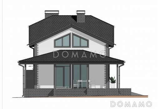 Проект мансардного дома с сауной, летним душем и большой крытой террасой / Фасад 1
