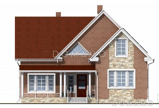 Проект одноэтажного дома с длинной крытой террасой, просторной гостиной и комнатой на первом этаже и тремя спальнями на мансардном этаже / Фасад 3