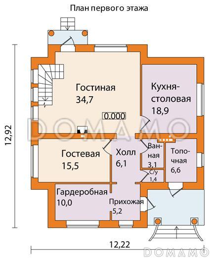 Проект дома из пенобетона с оптимальным набором помещений / План 1 этажа