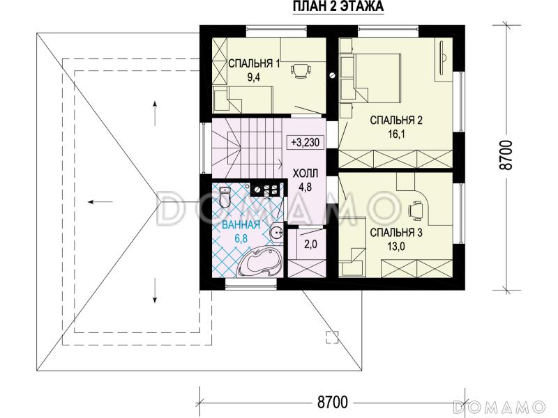Проект загородного дома с гаражом, объединенной кухней и гостиной,  ванной с окном на втором этаже / План 2 этажа