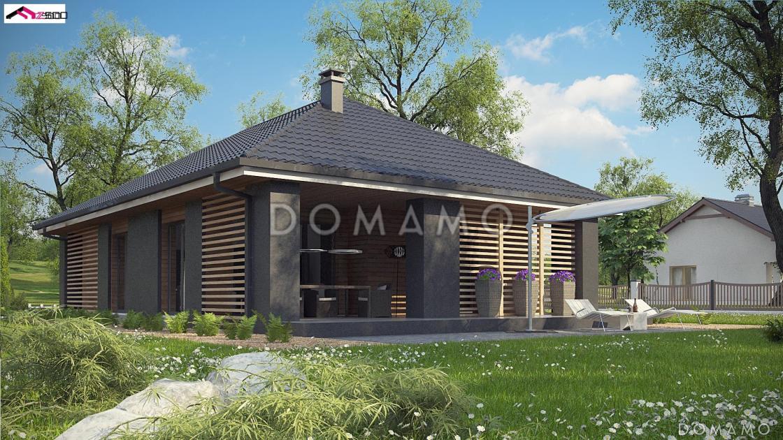 Проект одноэтажного дома из газобетона с тремя спальнями, гаражом на два автомобиля и уютной крытой террасой / 1